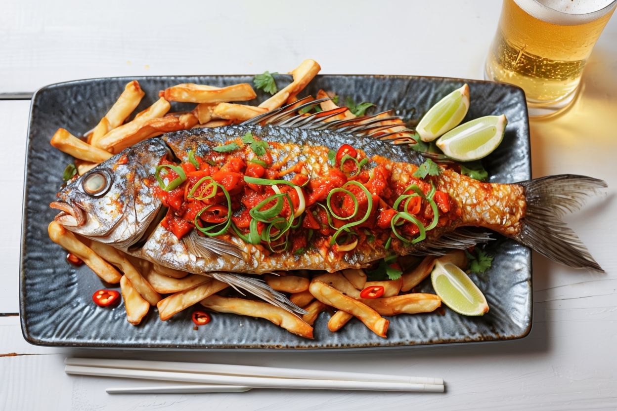 Whole Tilapia, baked, chips, Large beer 